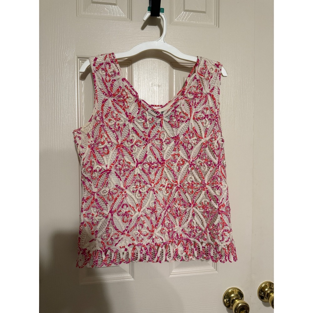 Sigrid Olsen Womens Small Silk Hand Knitted Crochet Tank Top Pink Orange White